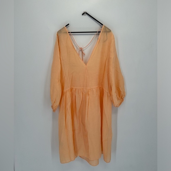 H&M V Neck Puff Sleeve Open Back Babydoll Mini Dress In Light Apricot - Picture 6 of 8